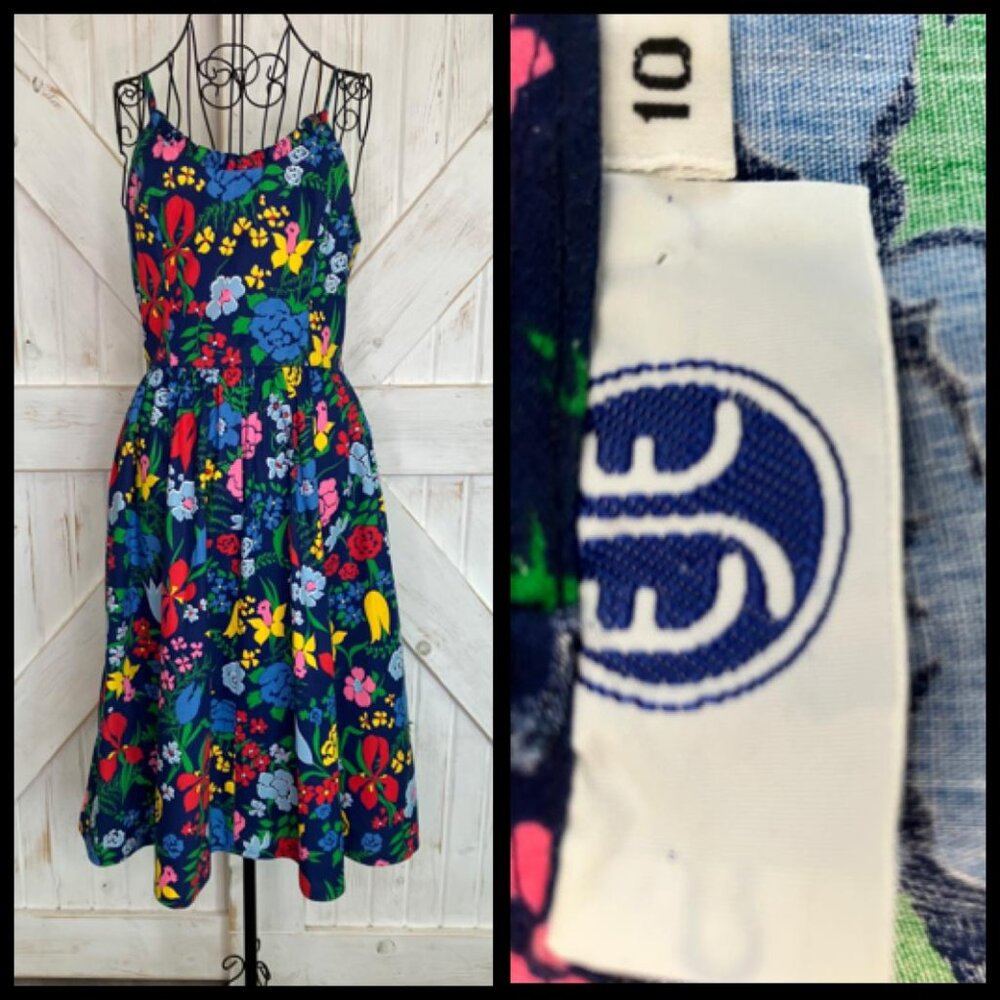 70's Vintage EJE Cotton Rainbow Blue Floral Hawaiian Sundress Day Midi Dress - Picture 2 of 10